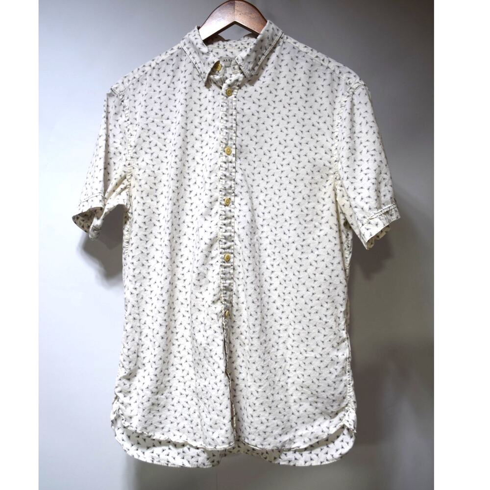 AllSaints Erchman Short Sleeve Button Up Shirt White Geometric Print Men's Small